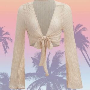 Tan mesh bell sleeve crop top